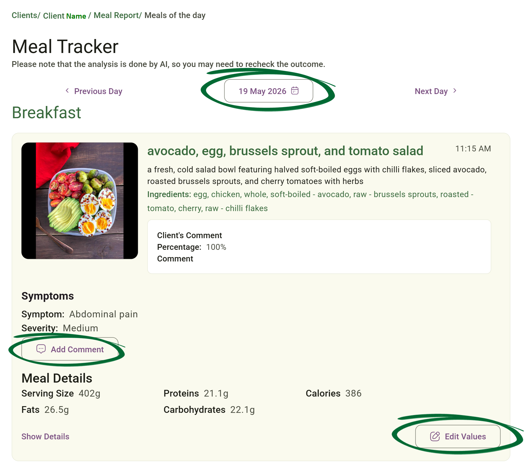 Client Meal Report screenshot