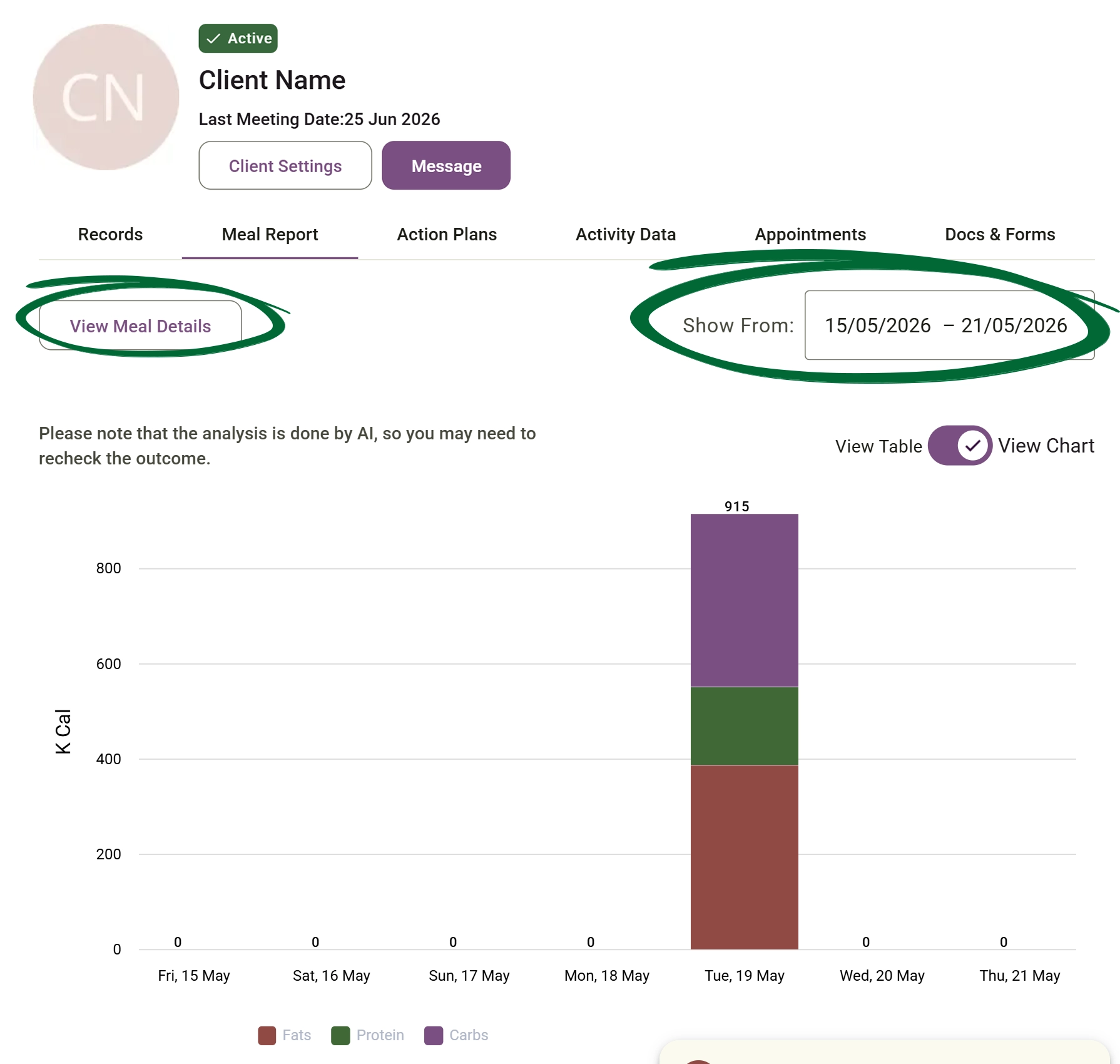 Client Meal Report screenshot